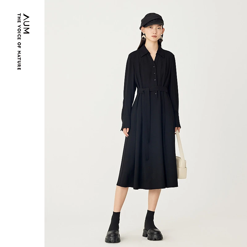 AUM噢姆冬季黑色羊毛麻感毛呢衬衫连衣裙女M1DE41666