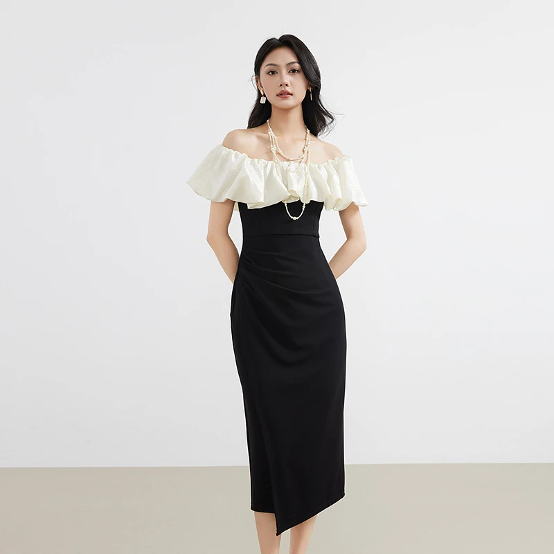 【线下专柜同款】爱客夏季新款气质一字肩连衣裙高裙RL25211L014