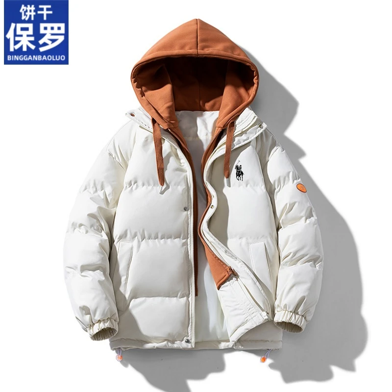 饼干保罗棉袄假两件棉衣美式连帽棉服冬季男连帽韩版厚款学生外套