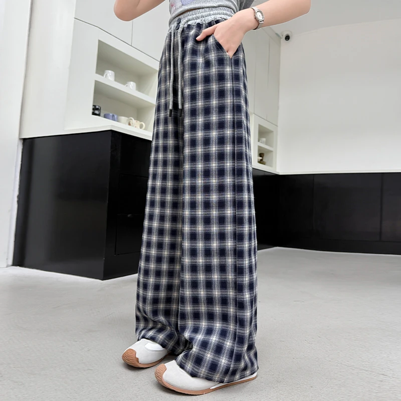 儿童夏装2025新款大女童装格子裤子冰丝防蚊裤夏季薄款阔腿直筒裤