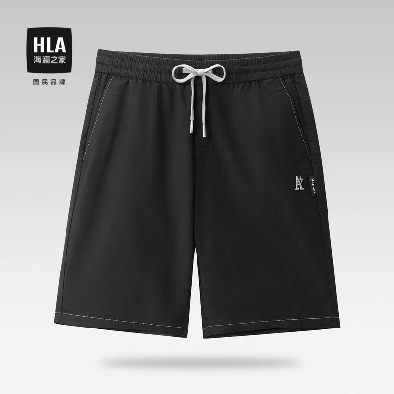 HLA/海澜之家弹力松紧腰休闲中裤中腰直筒明线刺绣裤