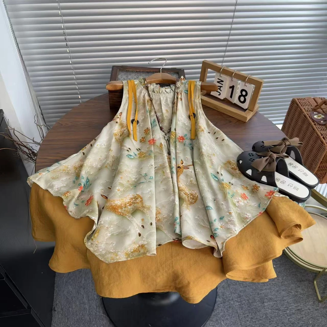 女童法式连衣裙儿童夏季文艺风小女孩宽松中大童复古无袖森系裙子