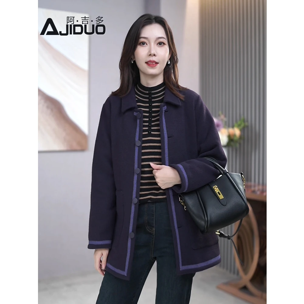 秋冬新款夹棉毛呢外套女大码显瘦百搭气质翻领保暖加厚棉服大衣