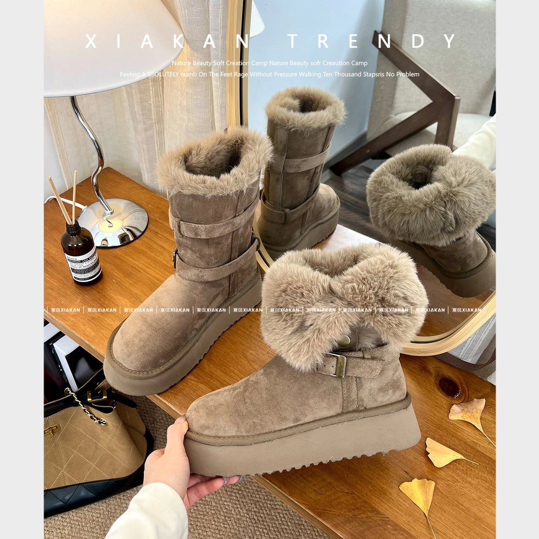 夏侃XIAKAN 增高5cm两穿翻边时尚雪地靴女冬季百搭加绒毛毛短筒靴