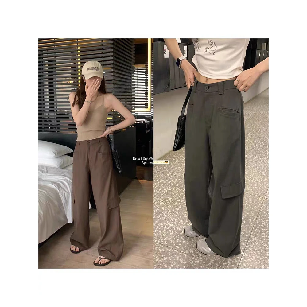 美式复古高腰工装裤女夏季显瘦阔腿休闲直筒长裤WPL6645