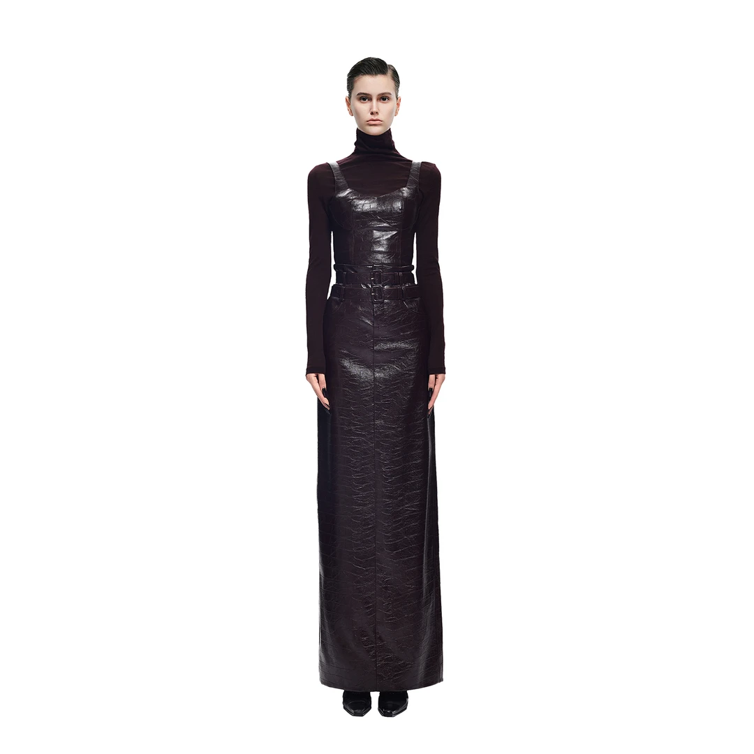 KUNSWEAR「创始人黑标系列」高级酒红外穿皮吊带短款背心 636023010