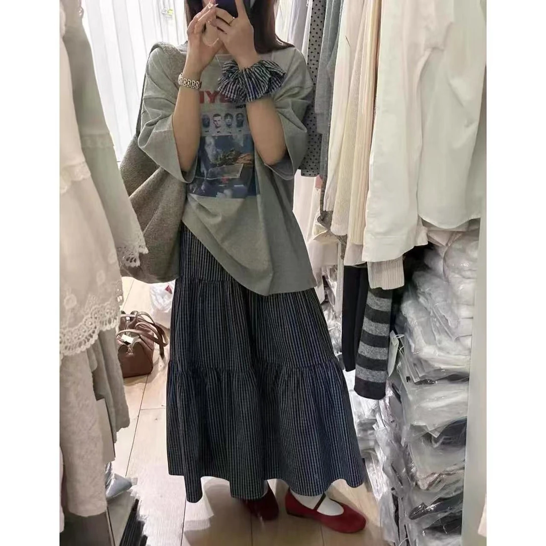 【卡布卡】东大门印花T恤+格纹松紧腰半身裙A字韩系字母两件套9051#