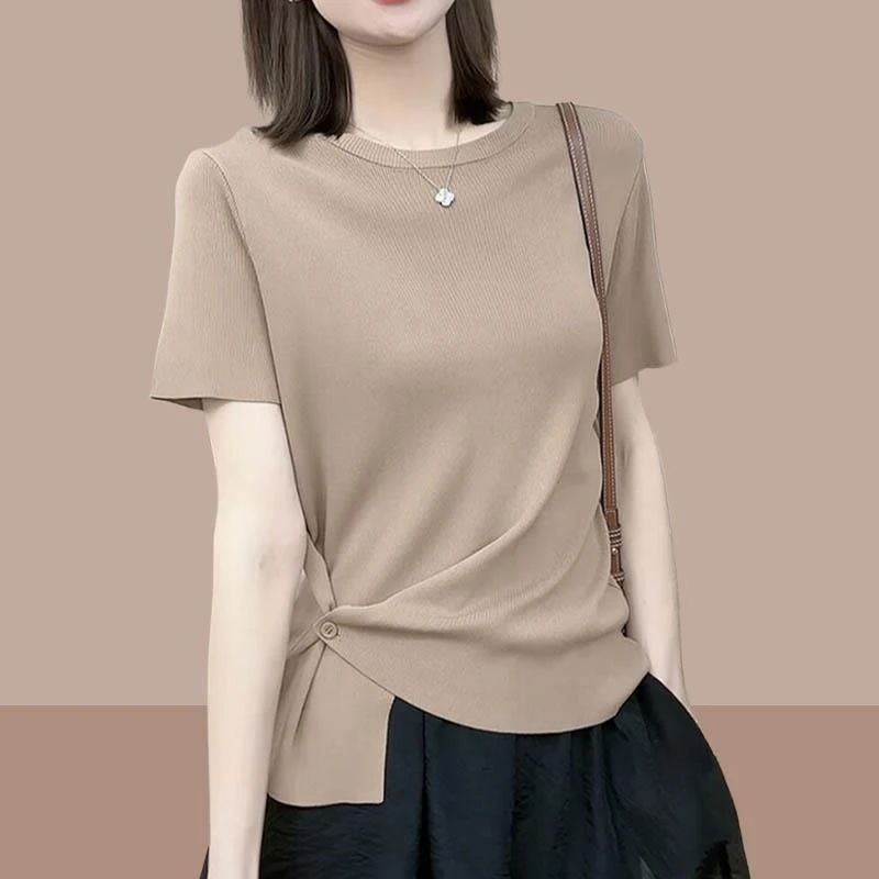 正肩短袖t恤女2025新款夏季宽松显瘦下摆暗扣小清新针织开衫