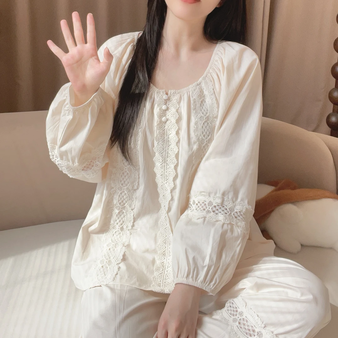 【S25205杏色】蕾丝公主秋季甜美长袖纯棉可外穿家居服睡衣宽松睡衣