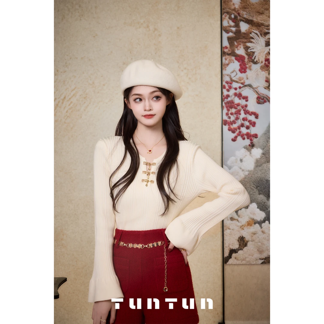 吞吞TUNT【上上签】拿捏中式好运 金豆豆盘扣坑条毛衣