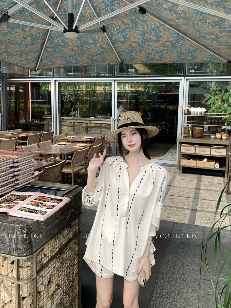 TITI - STUDIO“南法套装”重工气质V领水滴条纹长袖衬衫卷边短裤