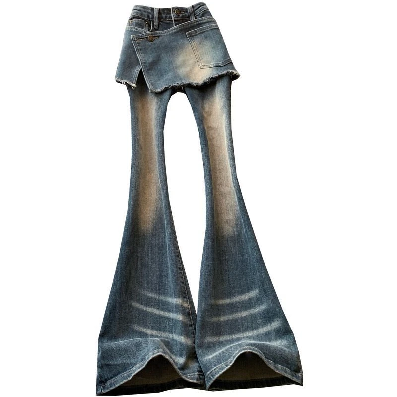 早秋季高腰裙裤一体显瘦紧身拖地马蹄裤复古蓝假两件微喇牛仔裤女