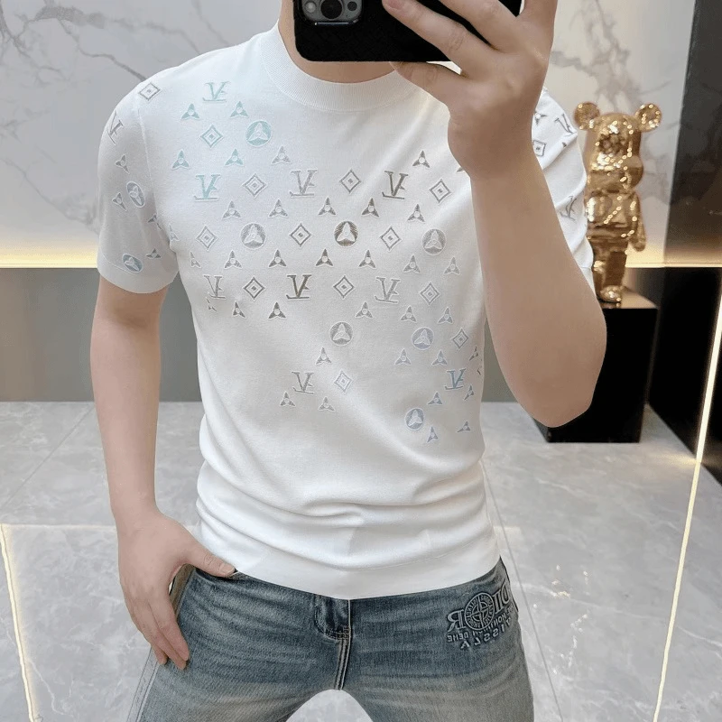 2025欧货轻奢男士针织冰丝短袖T恤休闲潮流百搭夏季印花半袖上衣
