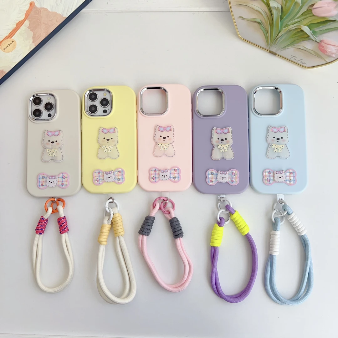适用苹果16promax手机壳新款镜框可爱小狗带挂绳全包防摔高级感