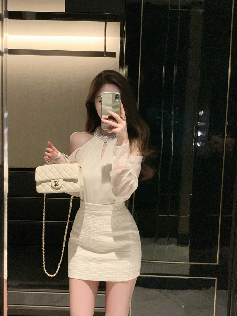 【新贵大小姐】2025夏季新款镶钻露肩衬衫高腰显瘦半裙两件套装裙