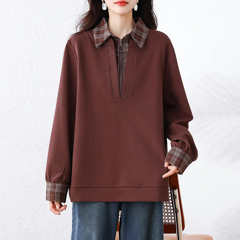 【女神新衣】气质翻领假两件卫衣秋装新款时尚拼接宽松显瘦长袖上衣