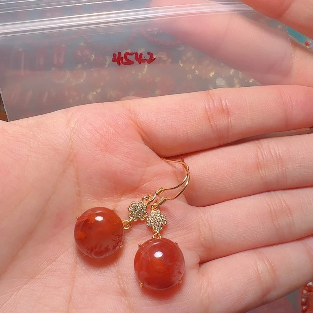 南红玛瑙银S925镶嵌耳饰