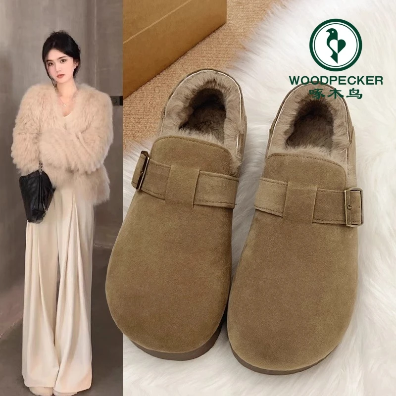 啄木鸟加绒勃肯鞋女棉鞋2025冬款全包一脚蹬复古乐福鞋保暖雪地靴