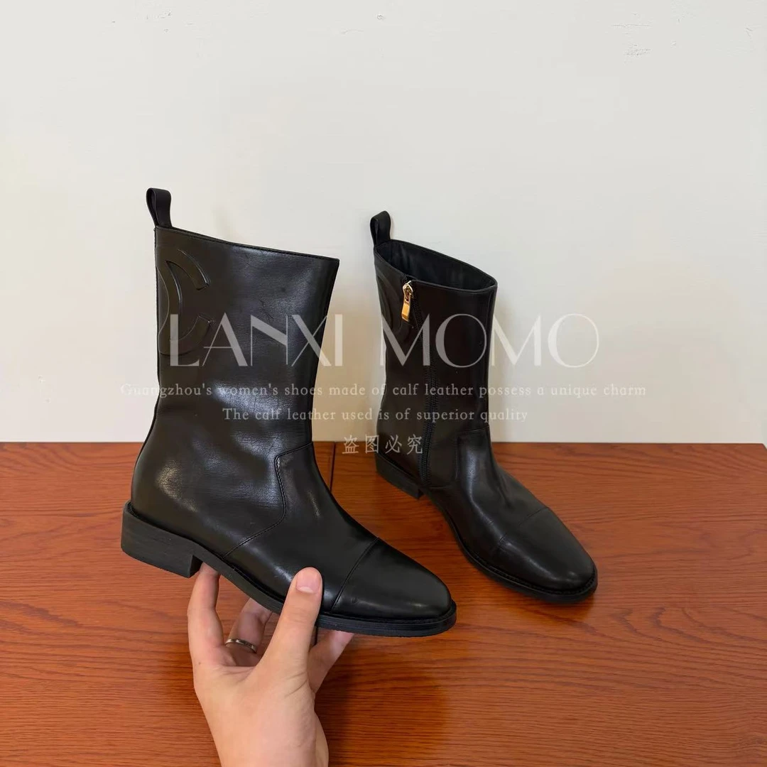 【茜妍】时尚百搭女士黑色秋冬圆头拉链瘦瘦靴短靴24XZ597LX