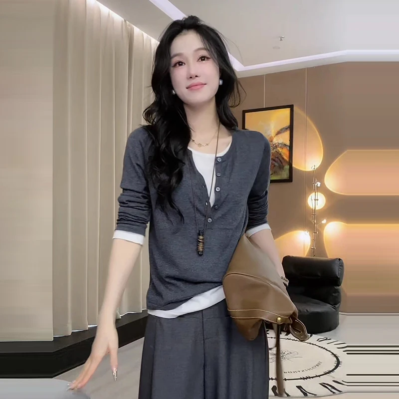 早秋假两件长袖t恤女睡衣别致撞色设计感打底衫拼接针织衫上衣潮