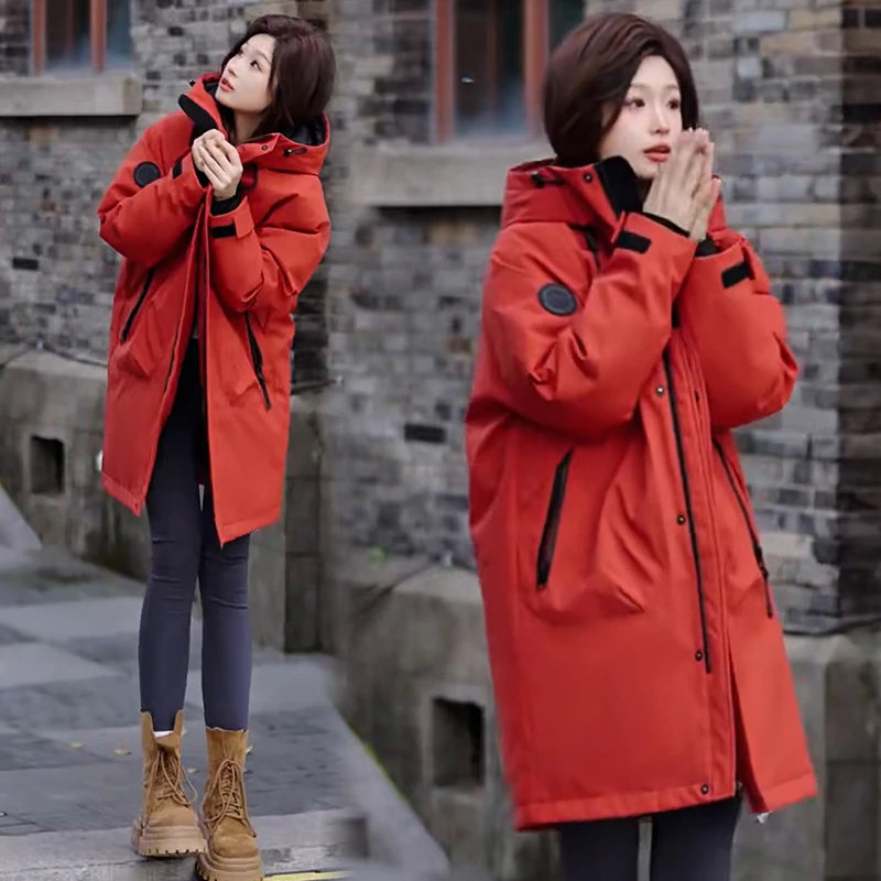 中长款时尚羽绒服女2025冬季工装户外加厚连帽男女同款白鸭绒外套