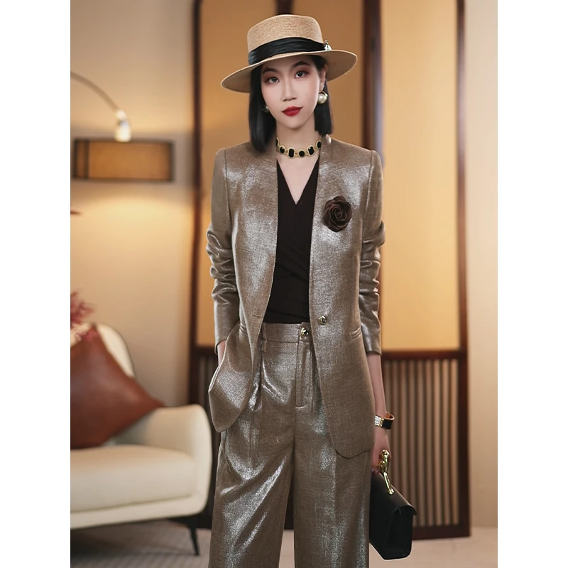 【CiCi小姐】2025春季新款金棕色女神范显瘦时尚女装休闲气质修套装