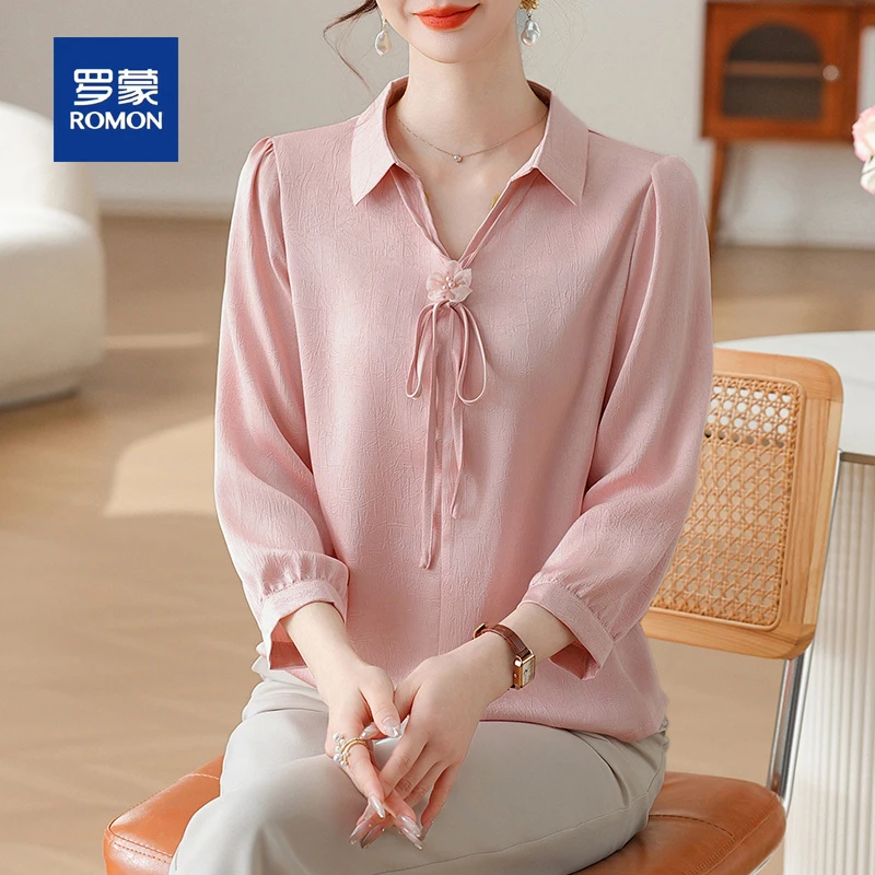 罗蒙新中式妈妈洋气雪纺衬衫时尚中老年女装上衣国风打底衫套装