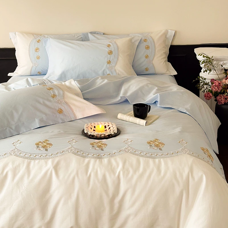 简约轻奢风高档全棉绣花款四件套高端被套柔软舒适裸睡床上用品