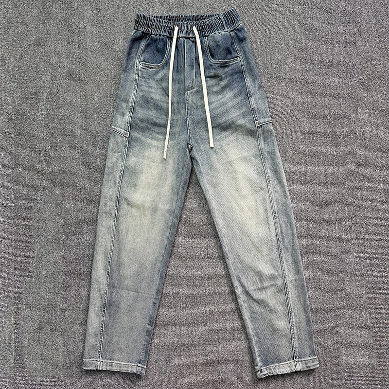 美式潮牌ins高街纯色牛仔裤男生百搭水洗蓝复古净版直筒长裤春夏