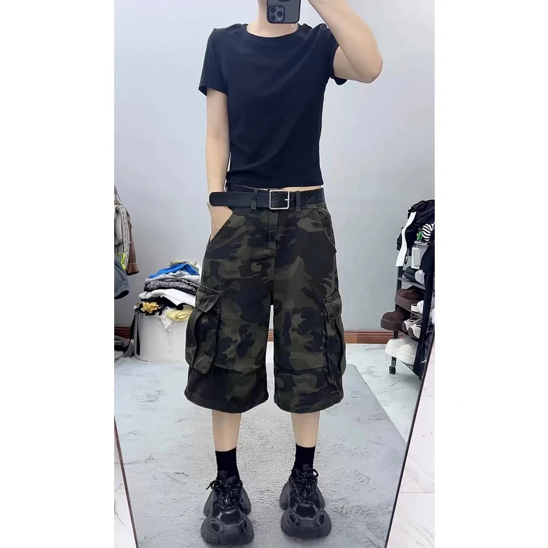 美式迷彩工装六分牛仔裤百搭女直筒设计感高腰宽松显瘦阔腿中裤子