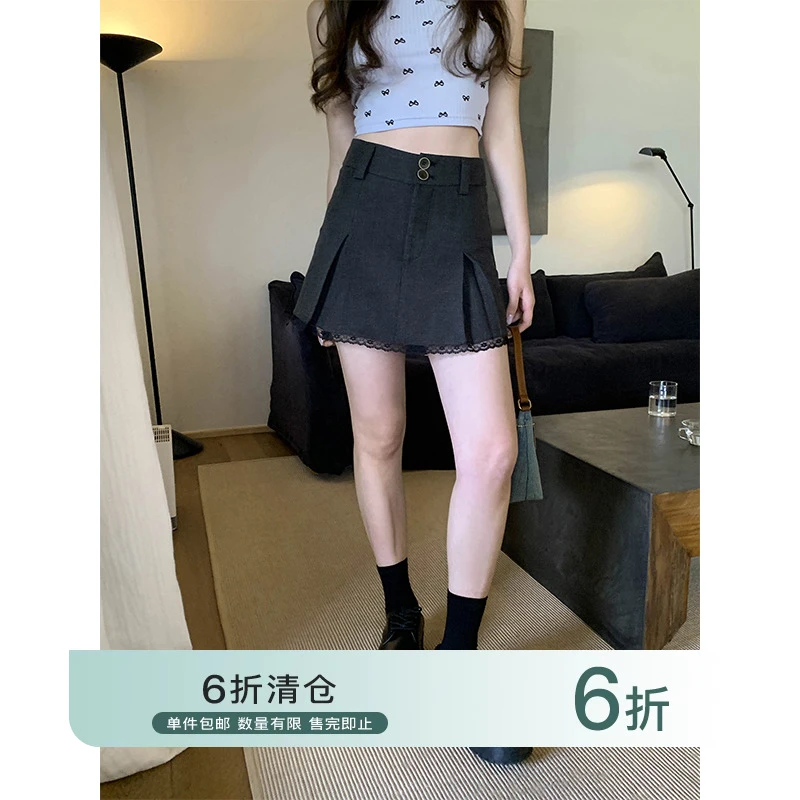 【你好卡农-蕾子】宽腰头工字褶拼蕾丝半身裙KQ24Z3091D清清