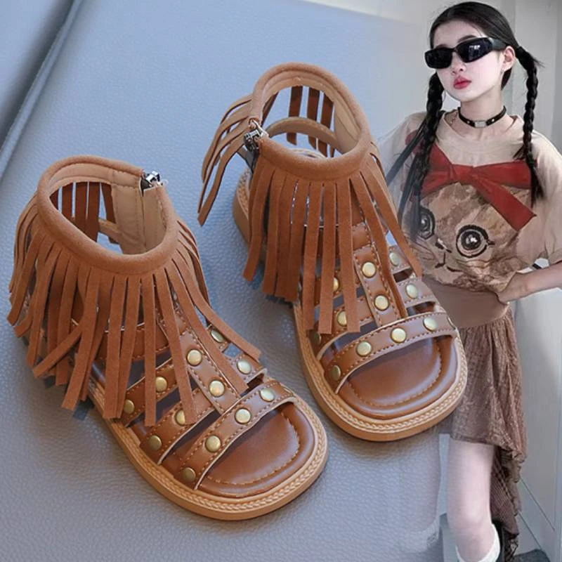 女童高帮罗马凉鞋2025夏季新款儿童复古流苏沙滩鞋英伦风铆钉凉鞋