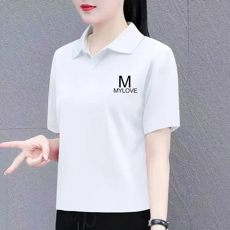 2025新款polo衫冰瓷棉短袖上衣女夏季休闲潮流洋气百搭时尚印花女