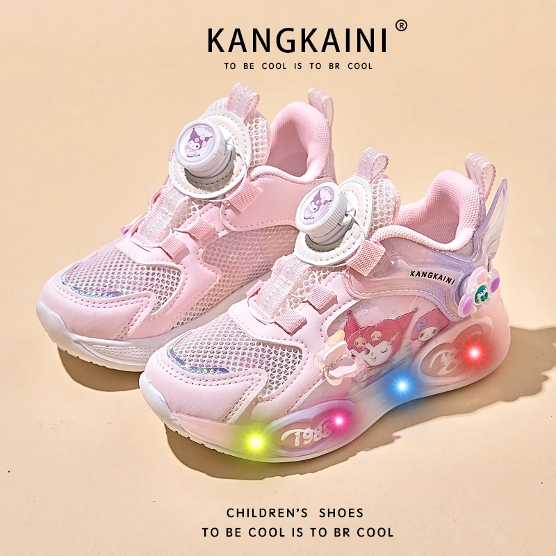 女童运动鞋2025新款夏季儿童单网透气小女孩旋转扣女宝发光亮灯鞋