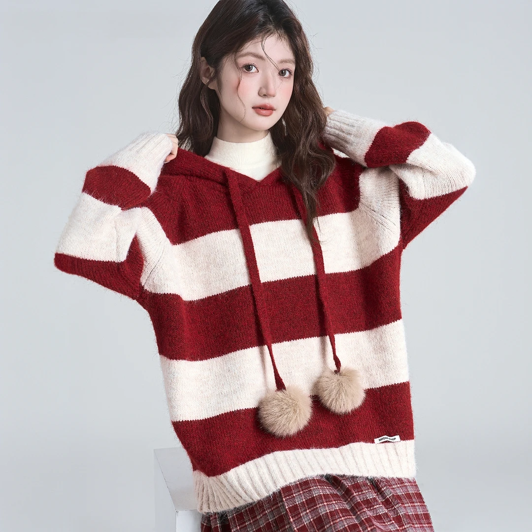 慵懒风撞色条纹连帽毛衣女2025春秋韩系休闲百搭时尚宽松针织上衣