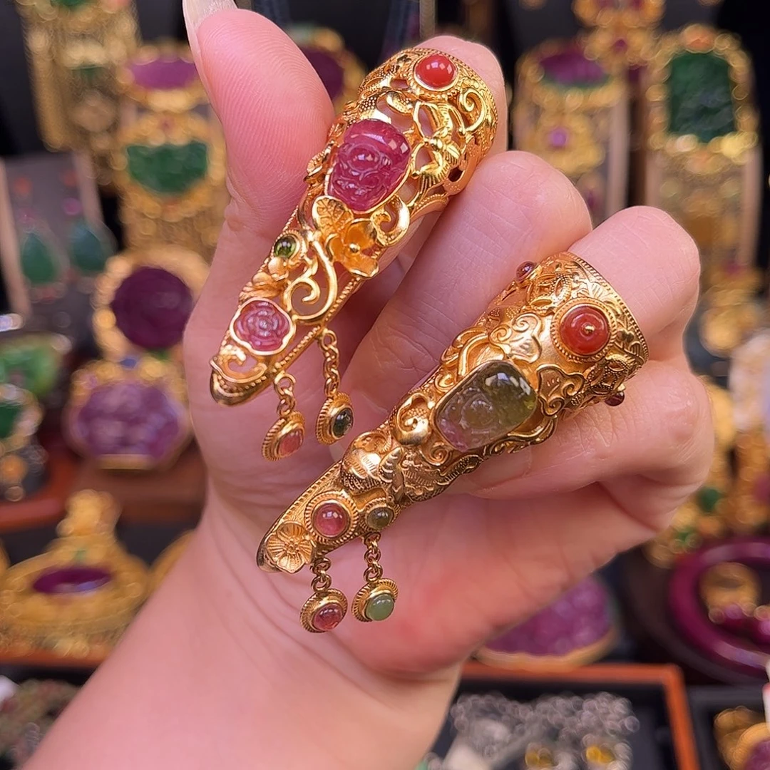 银S925镀金镶嵌戒指红宝石碧玺多宝护甲戒指