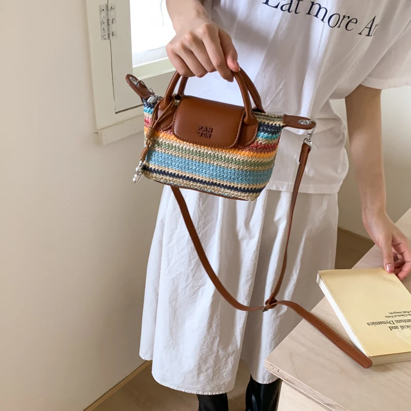 时尚2024撞色草编2025新款包包迷你手提编织单肩斜挎包饺子包旅游