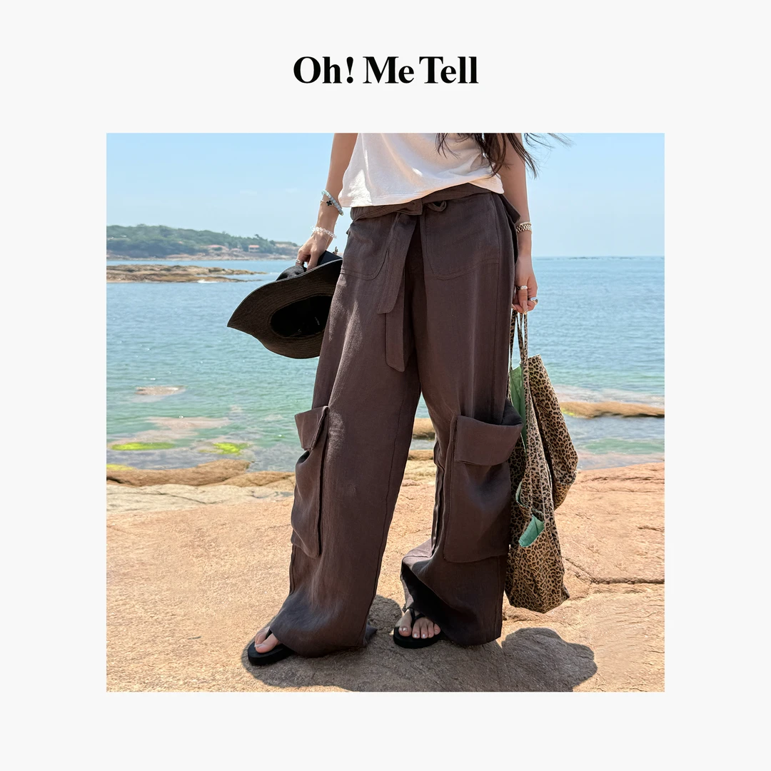 Oh！Me Tell【YY同款】亚麻莱赛尔系带卷腰大口袋宽松阔腿工装休闲裤
