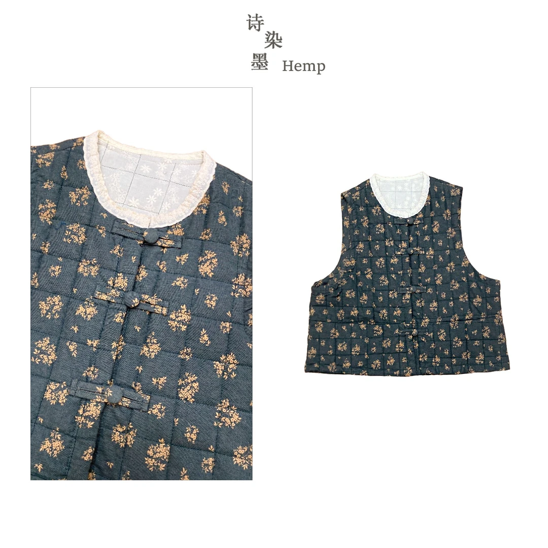 【圆领盘扣刺绣碎花印花棉马甲】4896