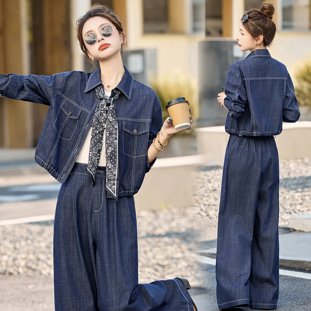 牛仔丝巾阔腿裤套装女复古港风洋气INS风2025秋装新款时尚两件套