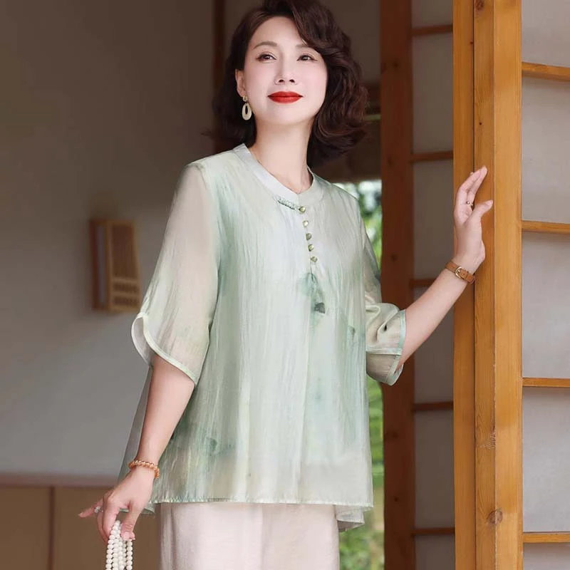 妈妈夏装套装2025新款清凉小衫50岁中老年女装短袖t恤薄上衣洋气