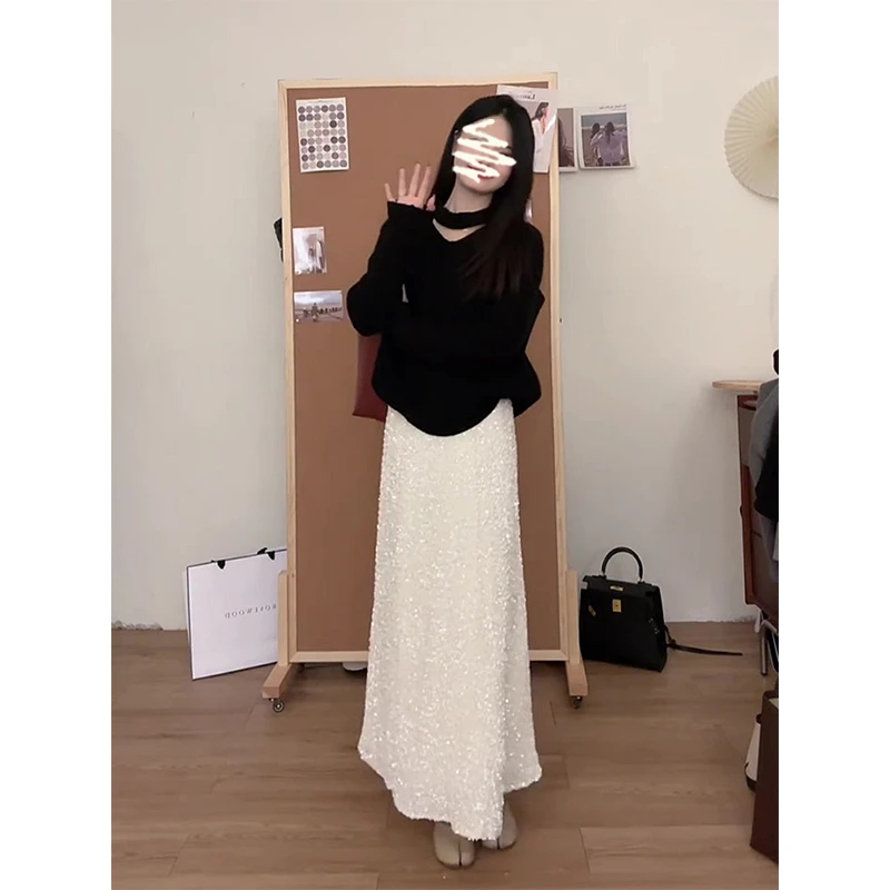 2025秋季新款女法式气质设计感针织毛衣重工亮片高腰鱼尾半身裙