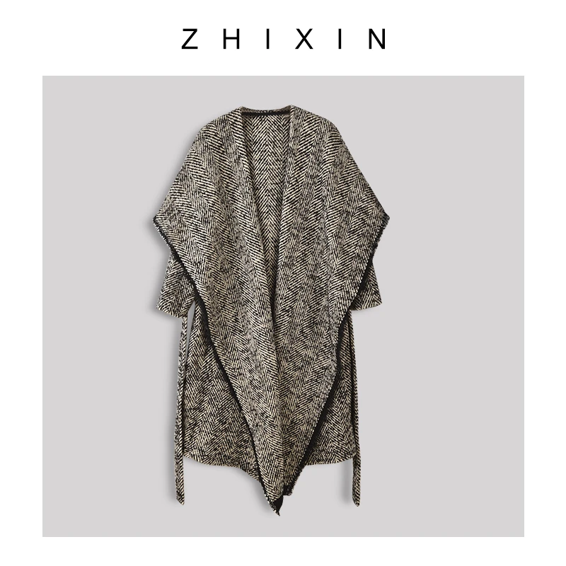 人字纹气质加厚时尚设计师款宽松带腰带浴袍中长款连帽大衣