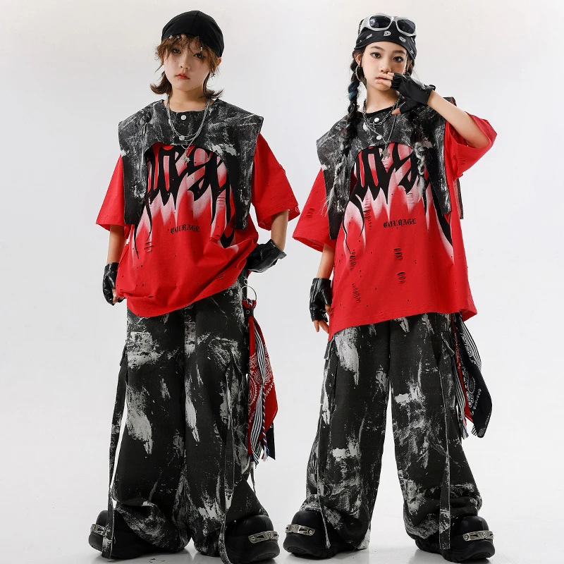 街舞儿童潮服红色破洞演出服男童套装hiphop女童架子鼓酷帅表演服