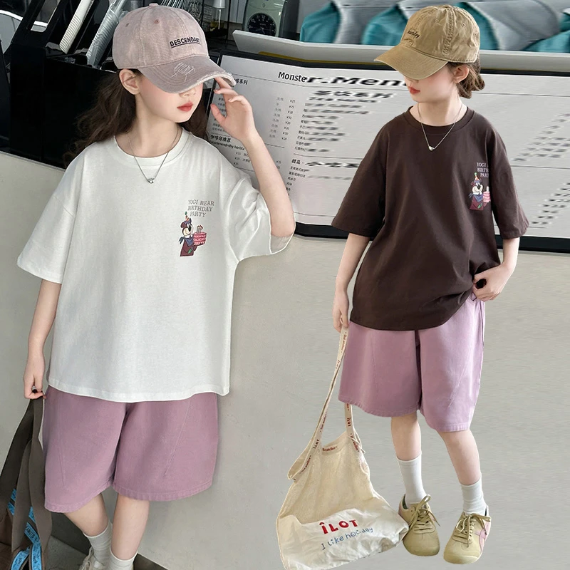 女童短袖韩版卡通儿童夏季女孩时尚短裤套装2025中大童5-12岁15岁