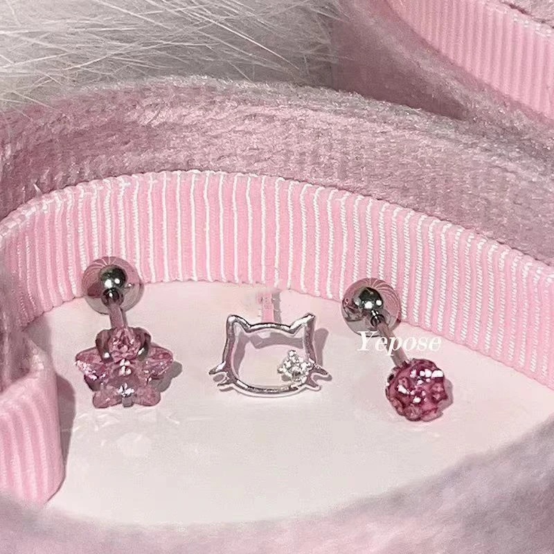 合金耳饰 镂空猫咪耳骨钉粉色小巧星星耳蜗钉超闪螺丝耳环可爱