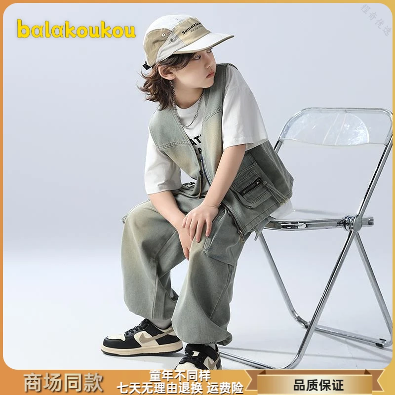 巴拉扣扣儿童装男童夏装牛仔套装2025新款夏季薄款夏款运动中大童