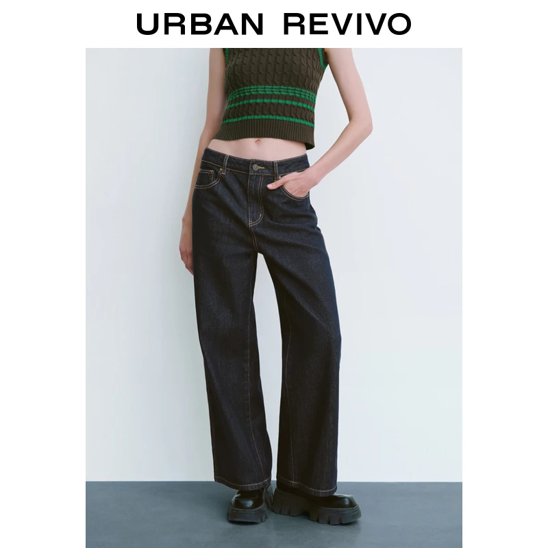 UR2025春季新款女装欧若风复古休闲撞色明线牛仔长裤UYY850075
