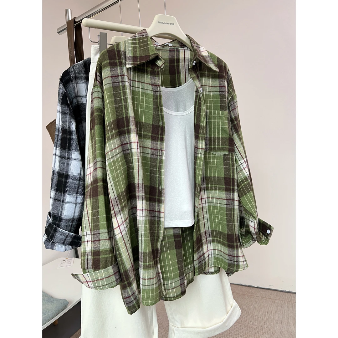 美式复古绿色格子衬衫女夏季新款防晒衬衣休闲春秋长袖百搭宽松