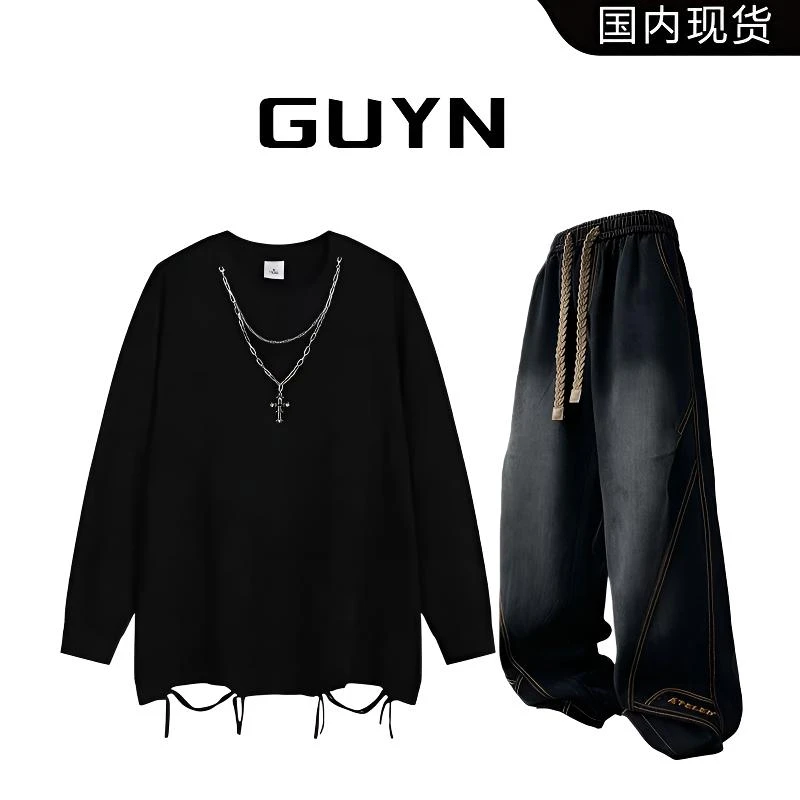 【品牌现货】GUYN春秋季美式水洗做旧卫衣男款休闲高街潮牌牛仔裤子